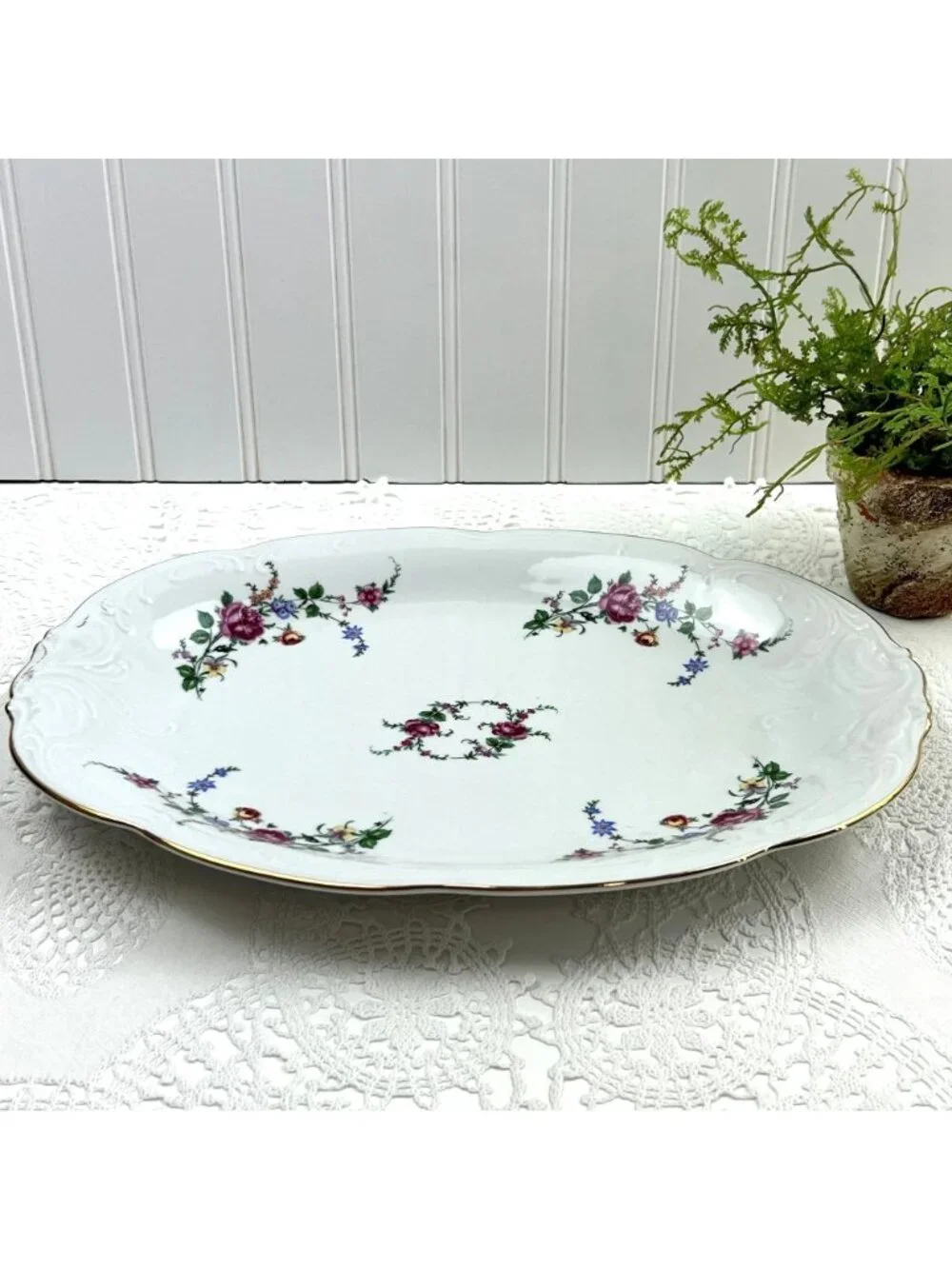 Wawel Poland Serving Platter Embossed Scalloped White Pink Roses 13